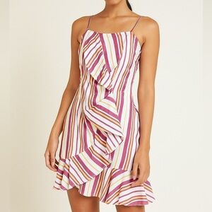 Parker Jay Striped Ruffle Front Sleeveless Pink & White Mini Dress SIZE MEDIUM